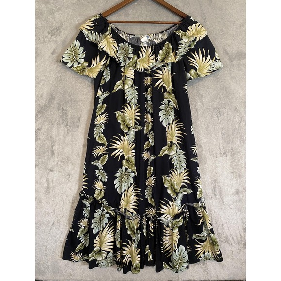 KY'S Dress 2XL Black Tropical Hawaiian Muumuu Midi Ruffle Off Shoulder Pocket - Picture 1 of 9